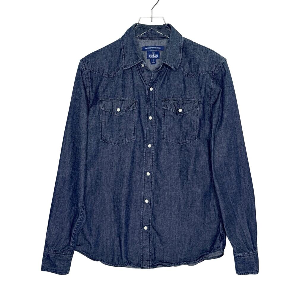Old Navy Western Denim Shirt M Slim Fit Pearl Snap Chest Flap Pockets Rodeo